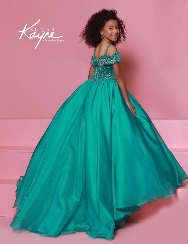 Side view of children's teal off-shoulder ball gown with full skirt and shimmer finish, great for crowning moments and formal wear pageants.